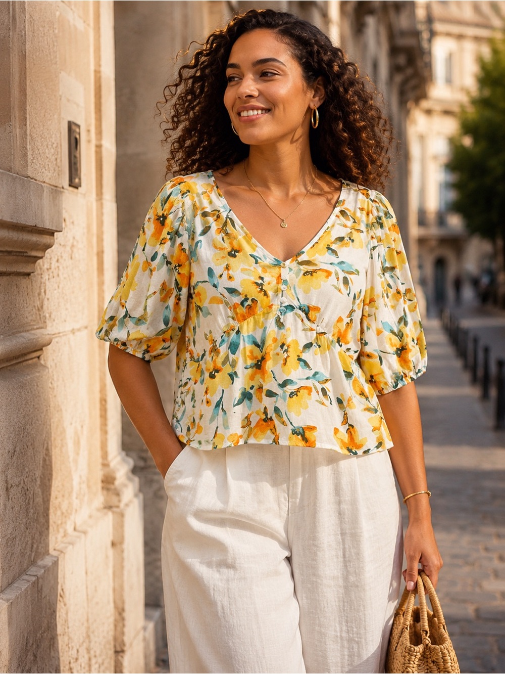 Gap Floral Peplum Blouse White Yellow Large Cottagecore Summer Boho